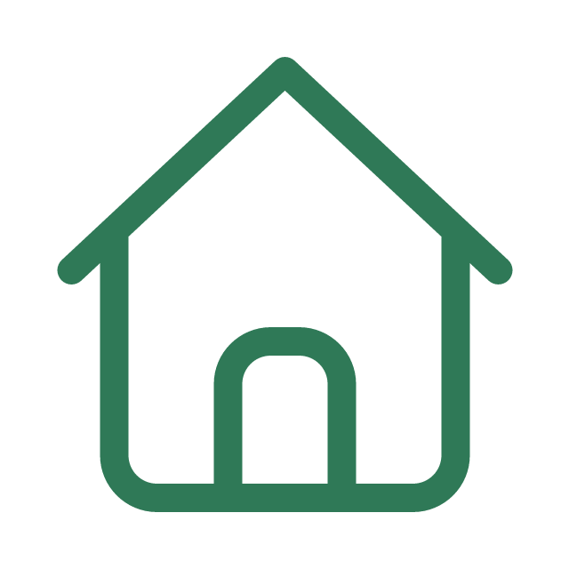 Simple line drawing of a house with a triangular roof and a centered arched door.