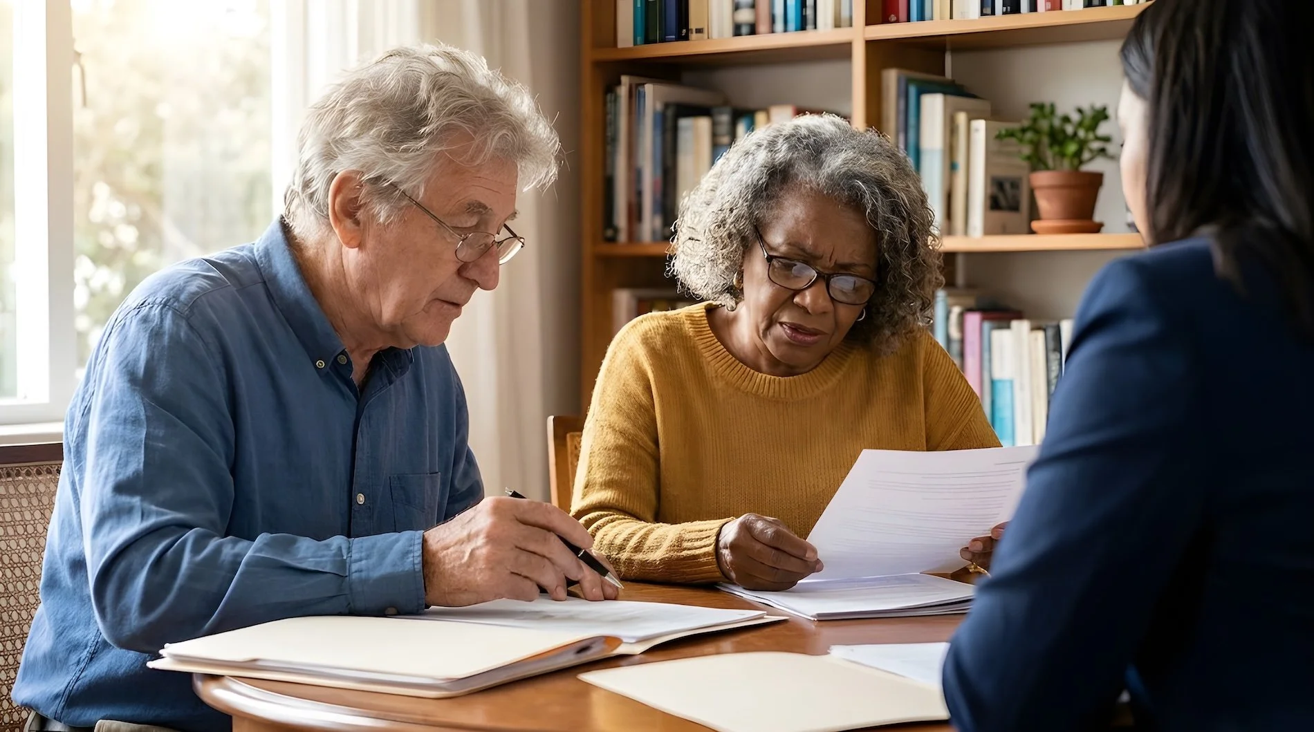 Three older adults sitting at a table, looking at documents, with a bookshelf in the background.