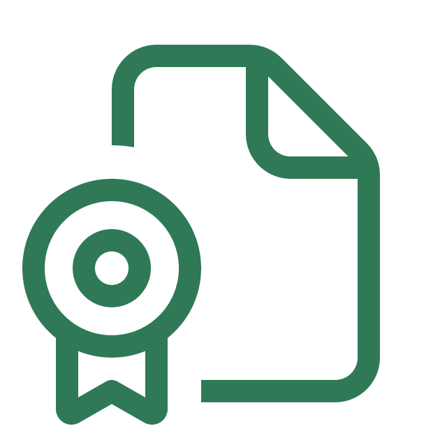 Icon of a paper with a medal or award ribbon attached.