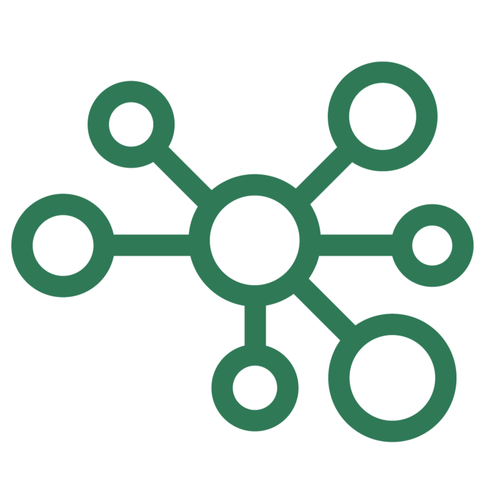 A green interconnected network diagram with circles connected by lines.