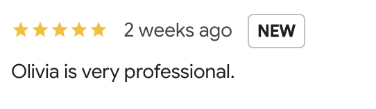 Customer review with five stars, posted two weeks ago, stating Olivia is very professional.