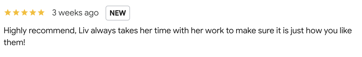 Customer review with five-star rating, mentioning Liv's work and recommendation.