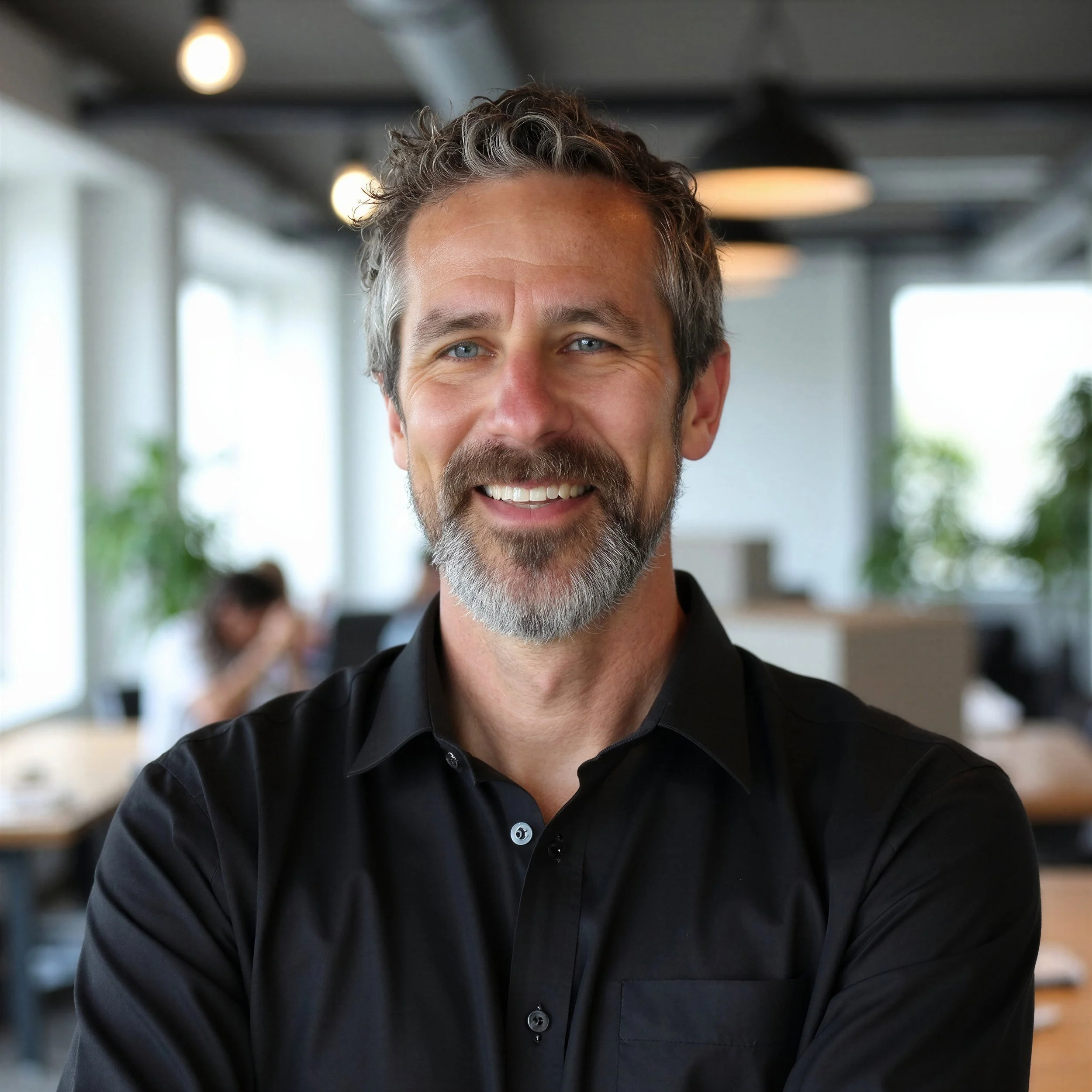 Close-up of a middle-aged man with gray and brown hair, blue eyes, and a beard, smiling in a modern, indoor setting with blurred background.