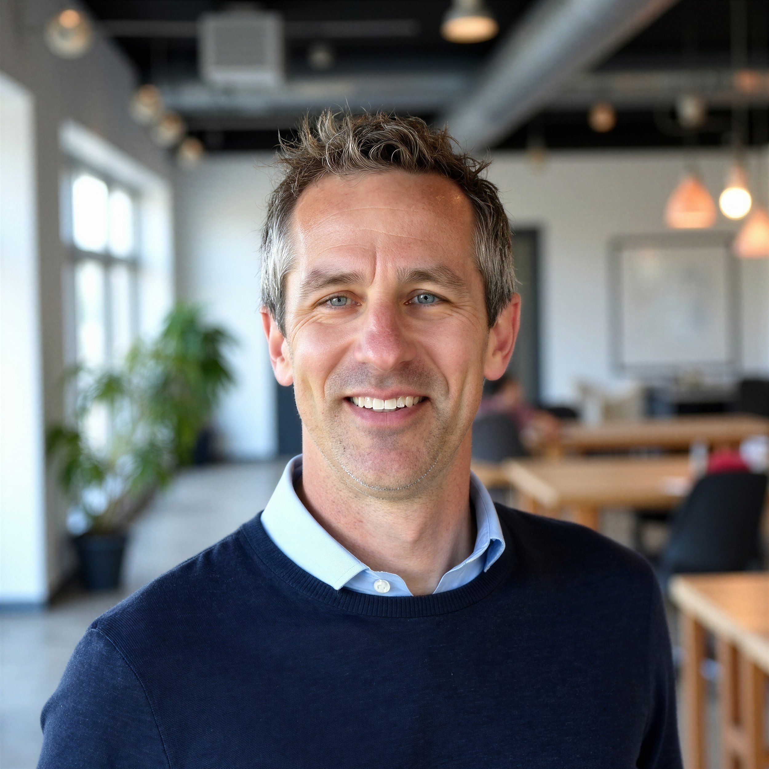 Close-up of a smiling man with blue eyes, short curly hair, wearing a dark blue sweater over a light blue shirt, in an indoor office or modern workspace.