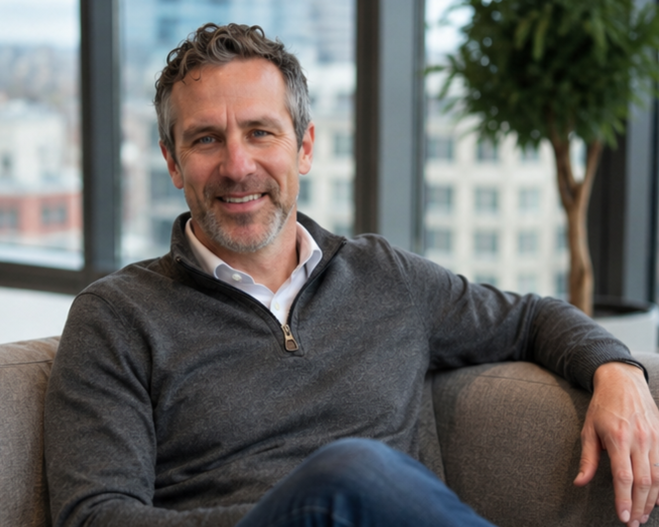 Smiling middle-aged man with gray hair and beard sitting on a sofa in a modern office with large windows and a potted plant in the background.