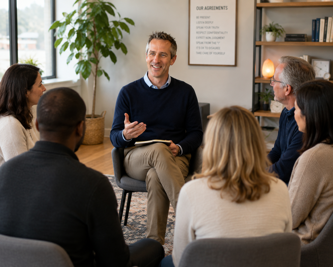 A group of six people sitting in a circle in a well-lit room, engaged in a discussion with a man in the center holding a notebook and smiling.