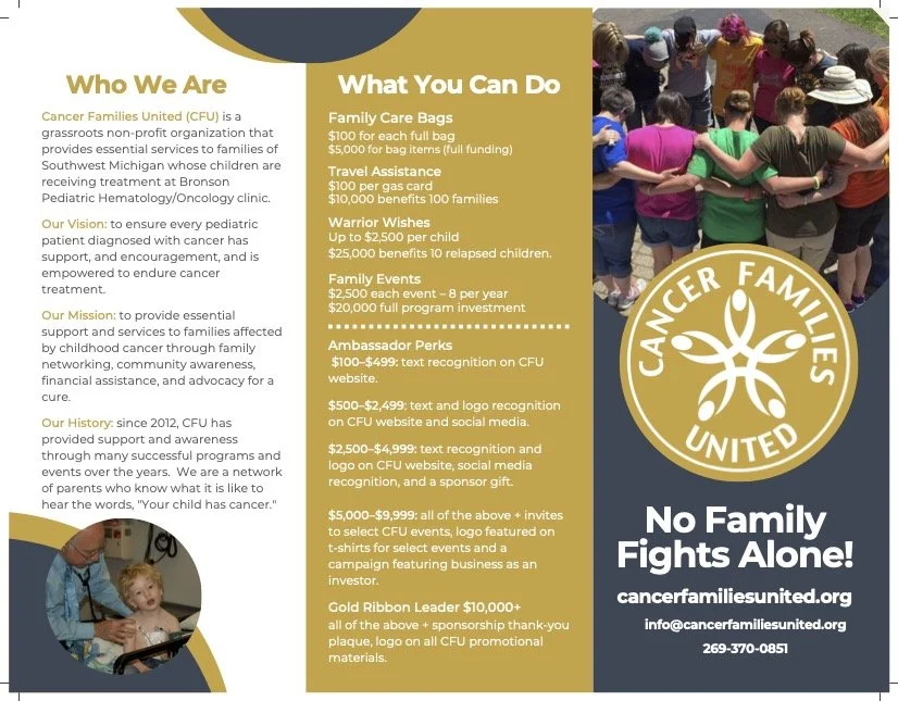 Image of a trifold brochure designed for Cancer Families United that lists content about the organizations to demonstrate how the designer is capable of creating brochures.