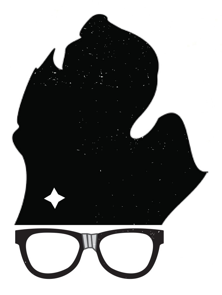 Logo consisting of the shape of the state of Michigan as hair, a small star to indicate where Kalamazoo would be located on the state, a pair of taped of glasses beneath