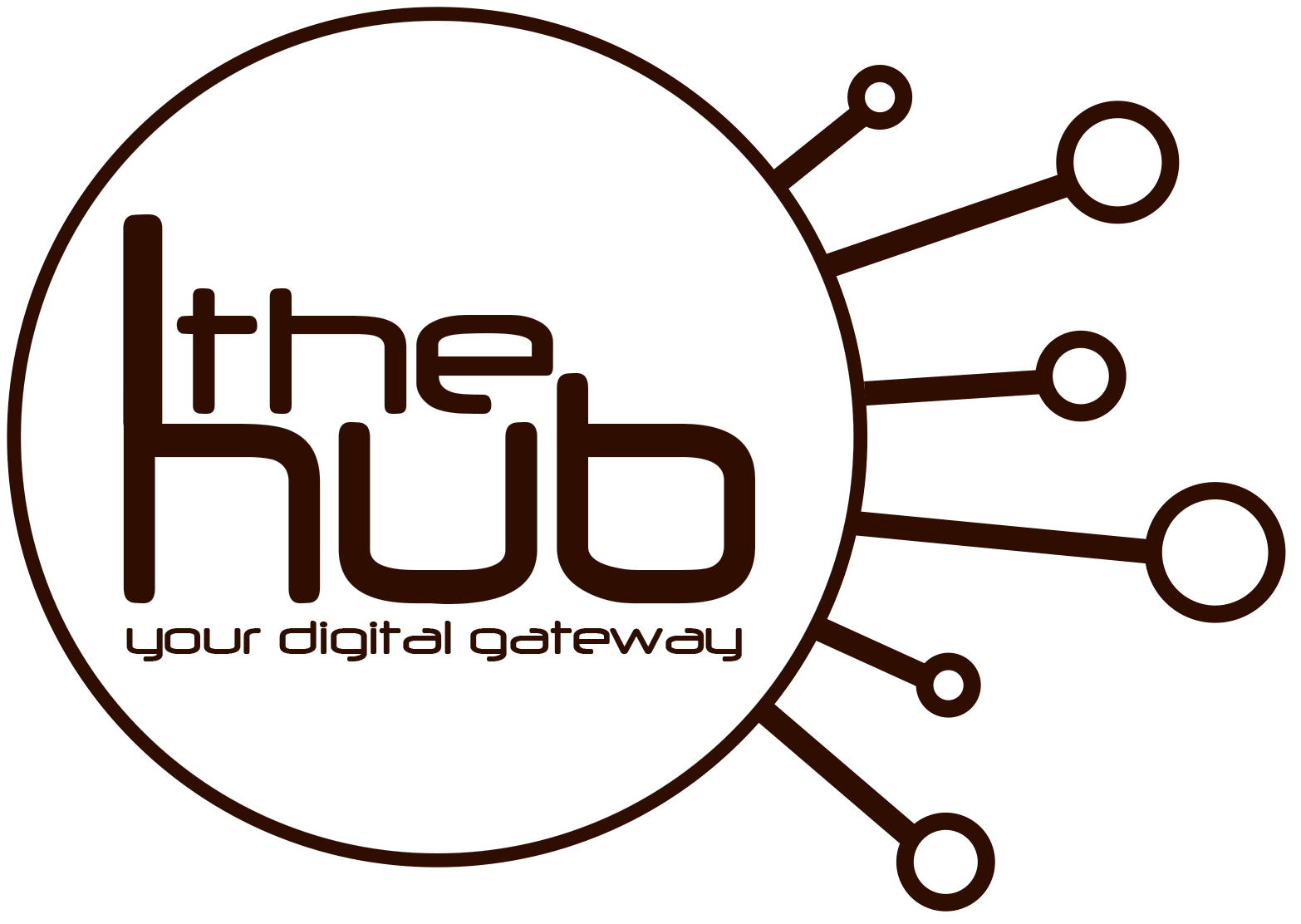 A circle logo with spokes coming out of the right side. Center of logo has text The Hub, your digital gateway