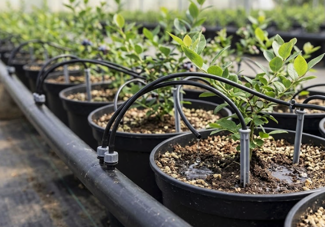 Pianta in vaso con sistema di irrigazione automatica in serra