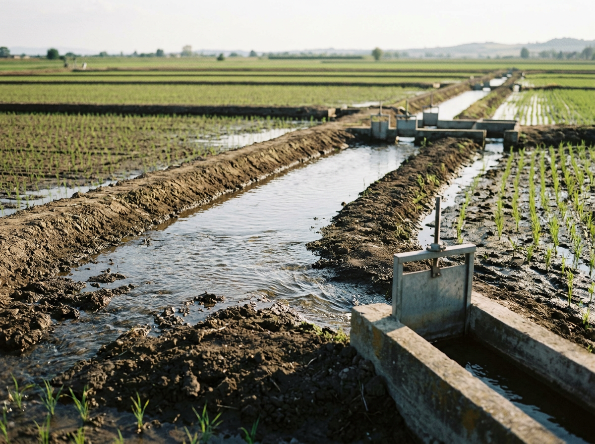 Campo agricolo con irrigazione a canali, giovani piante verdi e terreno umido sotto un cielo sereno.