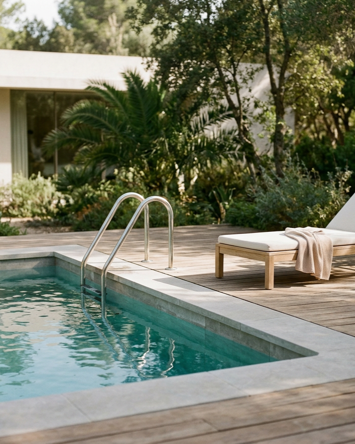 Una piscina all'aperto con una chaise lunga e un asciugamano, circondata da piante verdi e una casa moderna sullo sfondo.