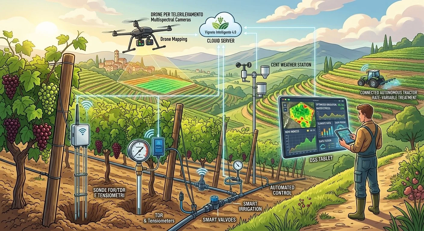 Rappresentazione di un vigneto smart con sistemi di monitoraggio e controllo automatico, inclusi droni, sensori di temperatura e umidità, valvole intelligenti, e uno schermo con dati e mappe, per ottimizzare la produzione.