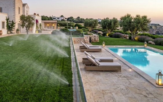 Piscina all'aperto con lettini, giardino ben curato e irrigazione automatica, in un ambiente tranquillo e verde.