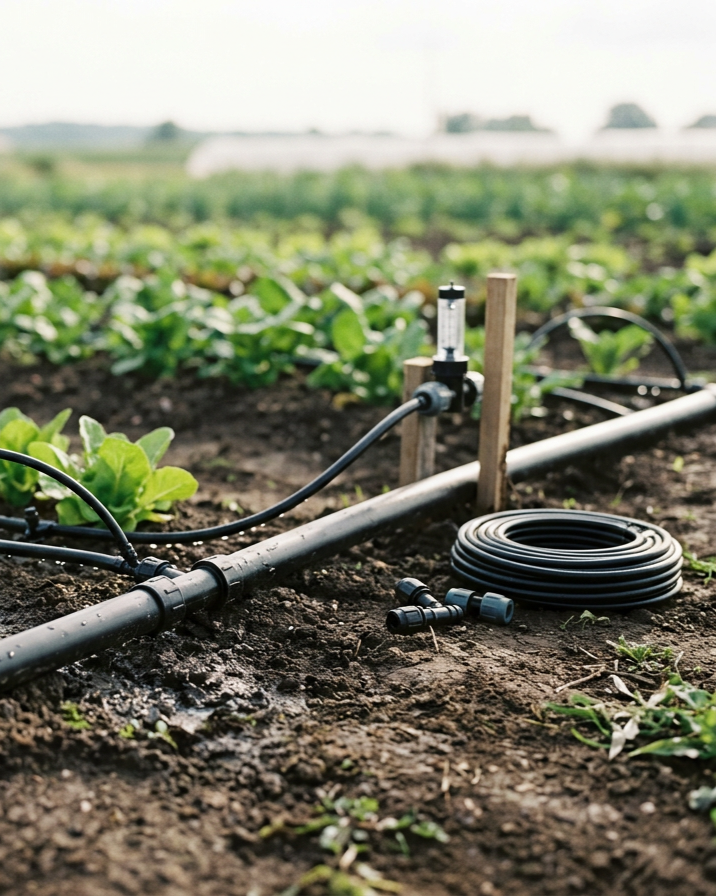 Sistema di irrigazione a goccia in un campo coltivato con piante verdi.