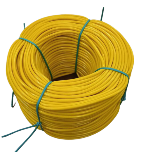 Bobina di filo giallo arrotolato con fascette blu