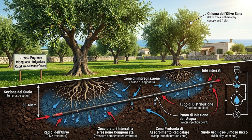 Diagramma del sistema di irrigazione sotterraneo per un ulivo, con indicazioni su radici, tubi di distribuzione e zone di assorbimento dell'acqua.