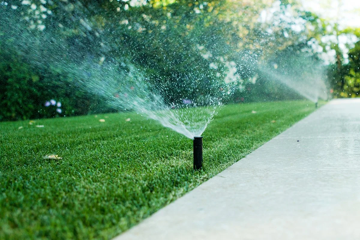 Impianto di irrigazione a spruzzo che annaffia il prato e il marciapiede in un giardino.
