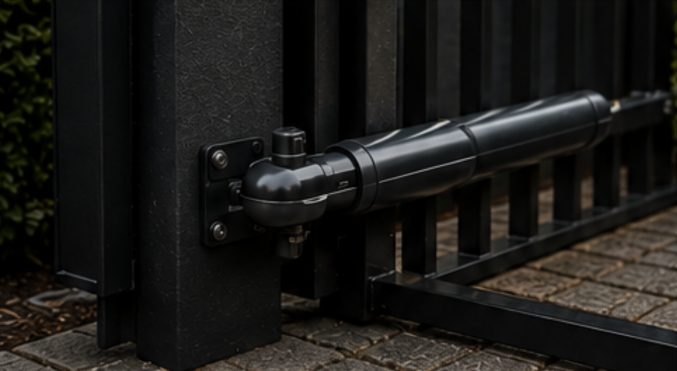 Electric ram arm motor fitted to the hinge post of a black metal swing gate