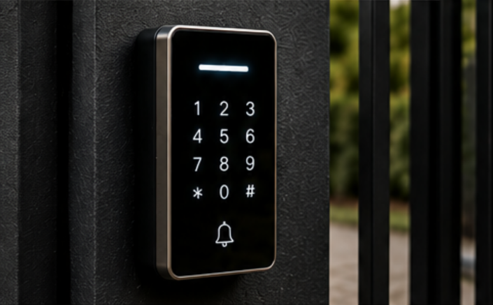 Illuminated keypad with a doorbell button on a black gate post