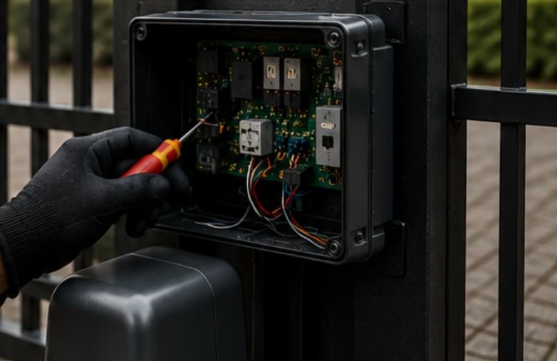 Gloved hand using a screwdriver on the circuit board of an open gate control box
