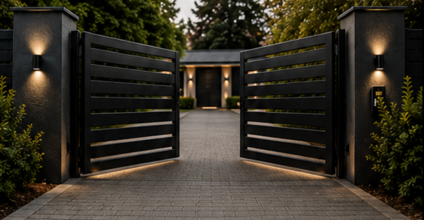 Pair of black slatted swing gates opening onto a block-paved driveway, lit by wall lights on the pillars