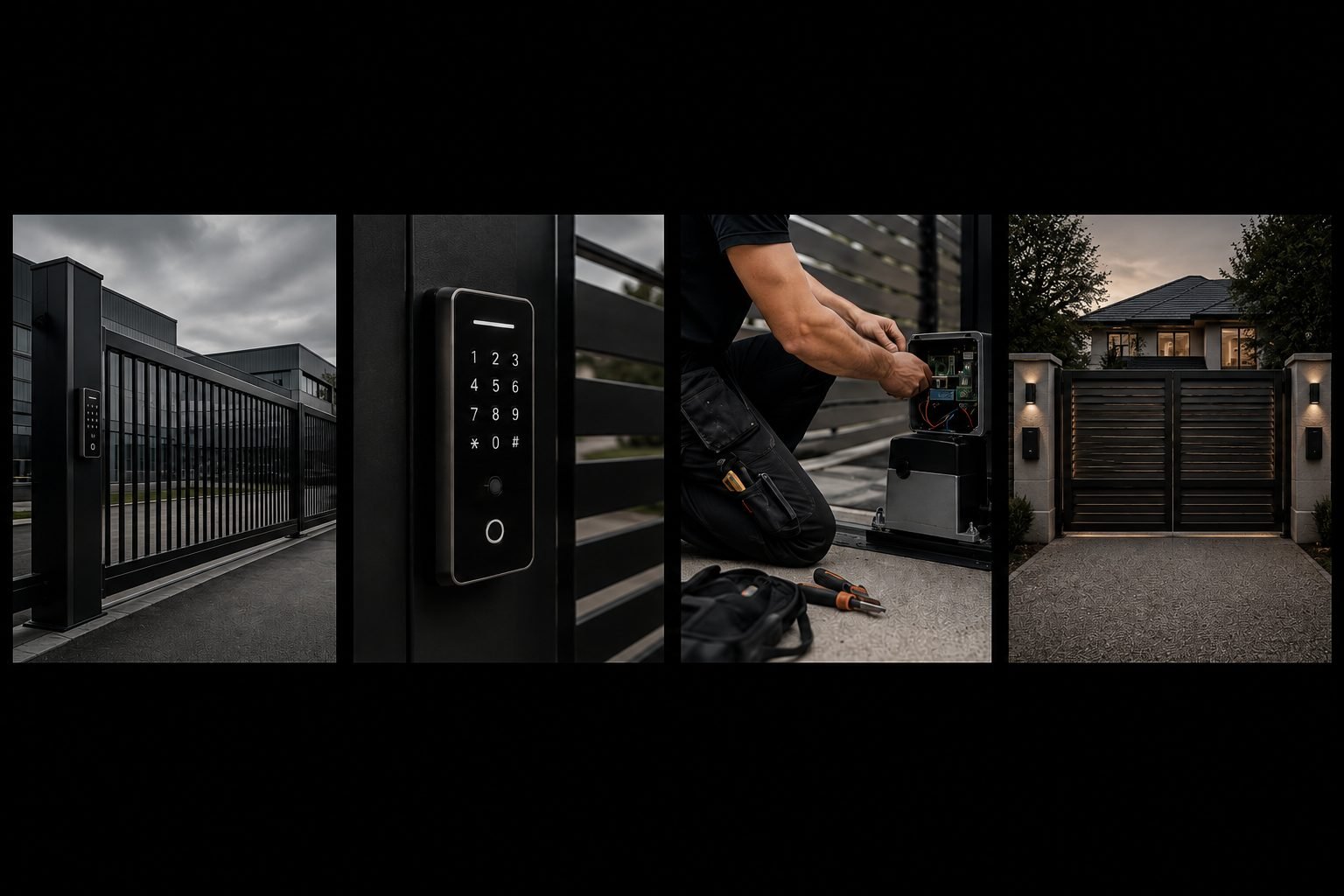Sequence of four images showing the installation of an electronic gate at a residential property, including the gate, keypad, technician working on the control panel, and the closed gate at dusk.
