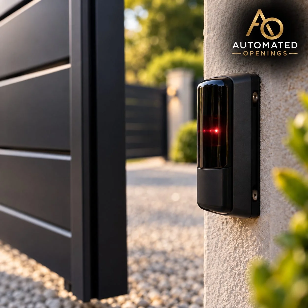 Close-up of an automated gate entry system with a black scanner mounted on a wall next to a gate, with the background showing a driveway and greenery.