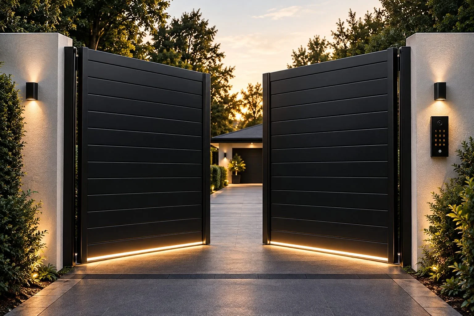 Modern automated driveway gates with keypad access control