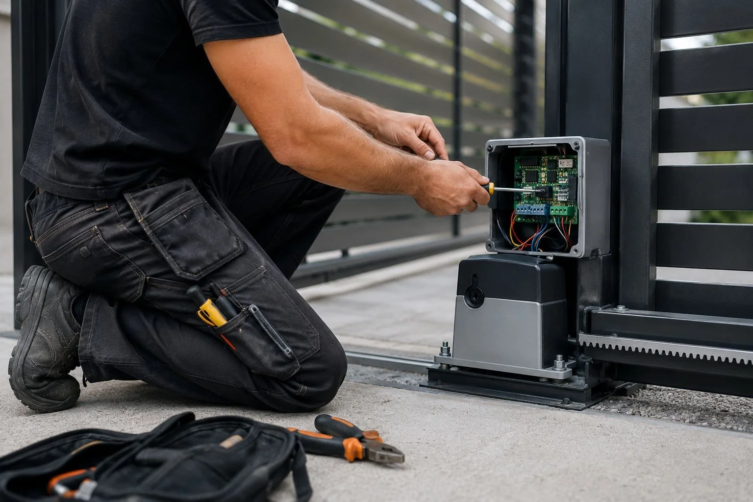 A technician kneeling on the ground installing or repairing an automatic gate or barrier system, working on the control panel.