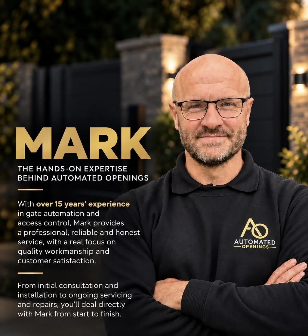 Mark from Automated Openings in a branded sweatshirt, with text describing his 15 years' experience in gate automation and access control