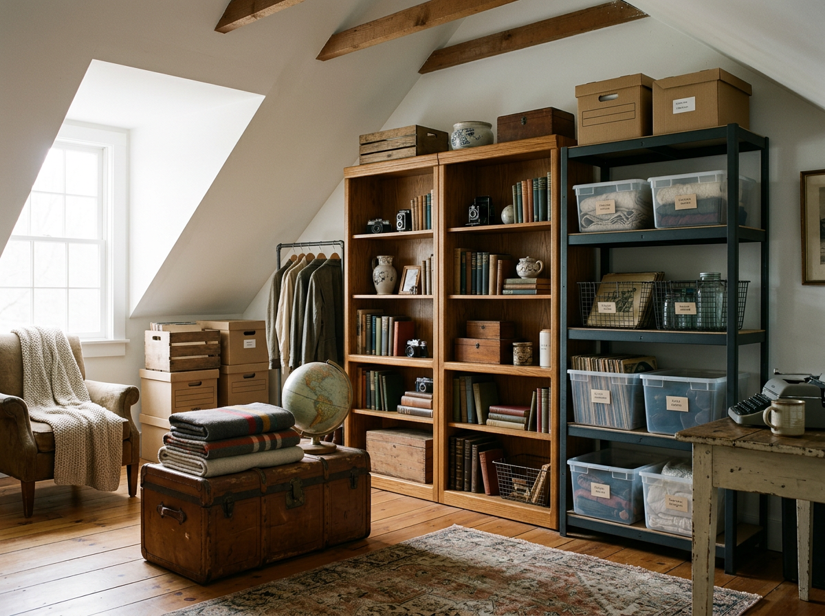A cozy attic room with sloped ceiling and wooden beams, featuring a window that lets in natural light. The room contains a vintage armchair with a knitted throw, a globe on a wooden trunk, organized bookshelves holding books, cameras, and decorative items, and plastic storage containers labeled with contents. There are also boxes, a clothing rack, and a small rustic table with a typewriter and mug.