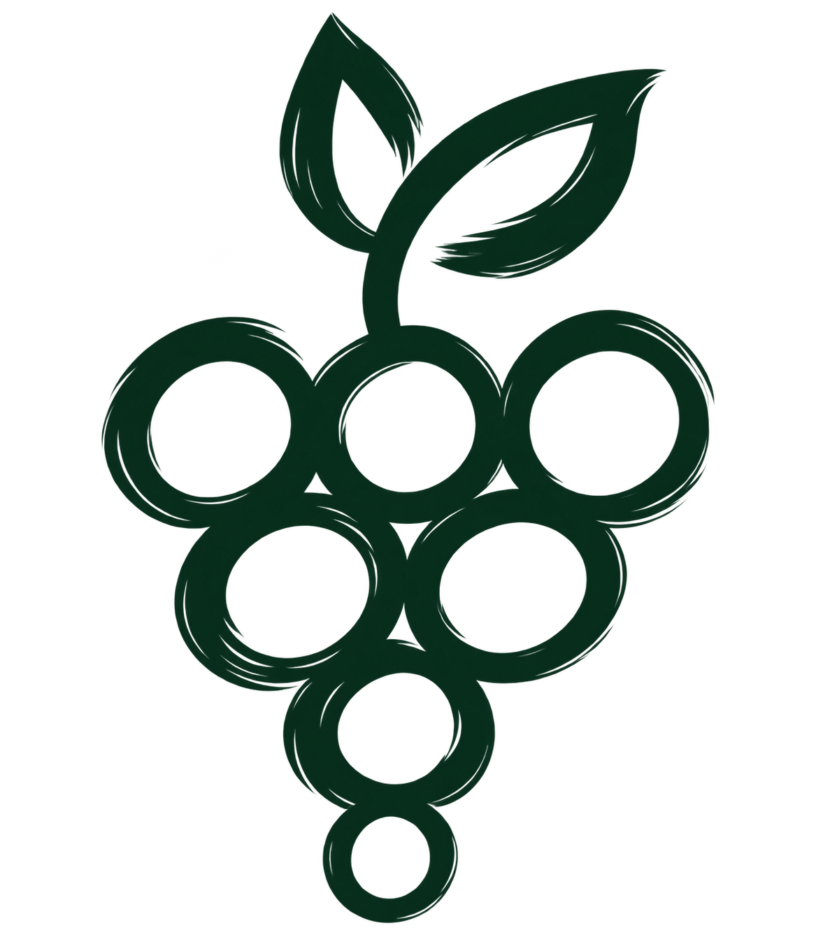 Black line drawing of a bunch of grapes with two leaves on the stem.