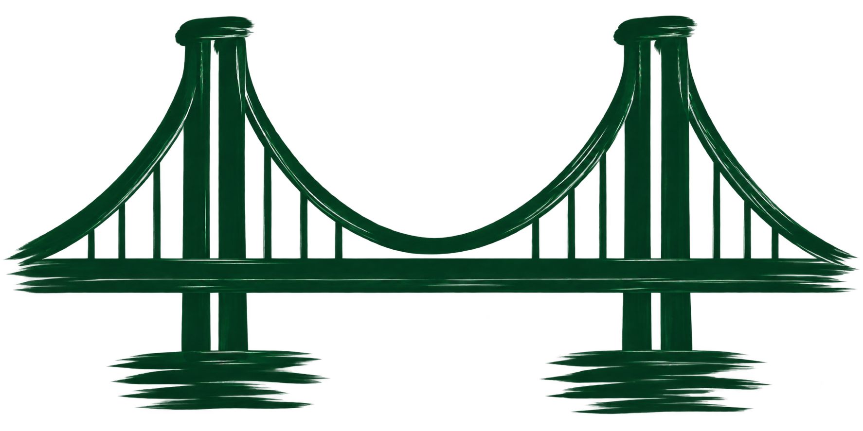 Illustration of a green suspension bridge with towers, cables, and reflection in water.