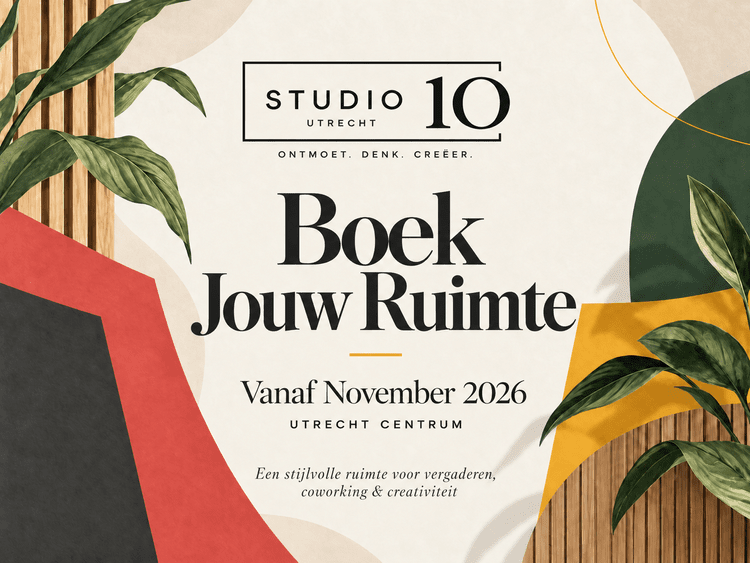 Studio 10 Utrecht: boek je ruimte, vanaf november 2026 in Utrecht centrum. Een stijlvolle ruimte voor vergaderen, coworking en creativiteit