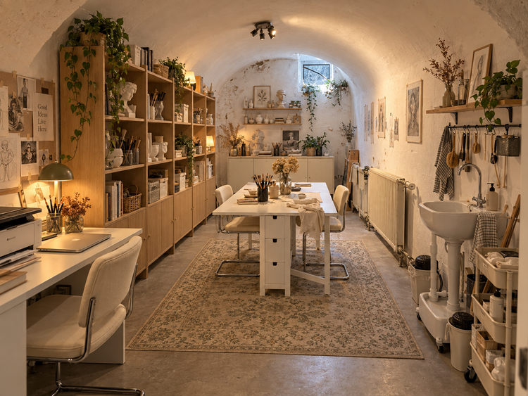 Het Studio Atelier: een gewelfde souterrainruimte met kasten vol materialen, een werktafel en een spoelbak