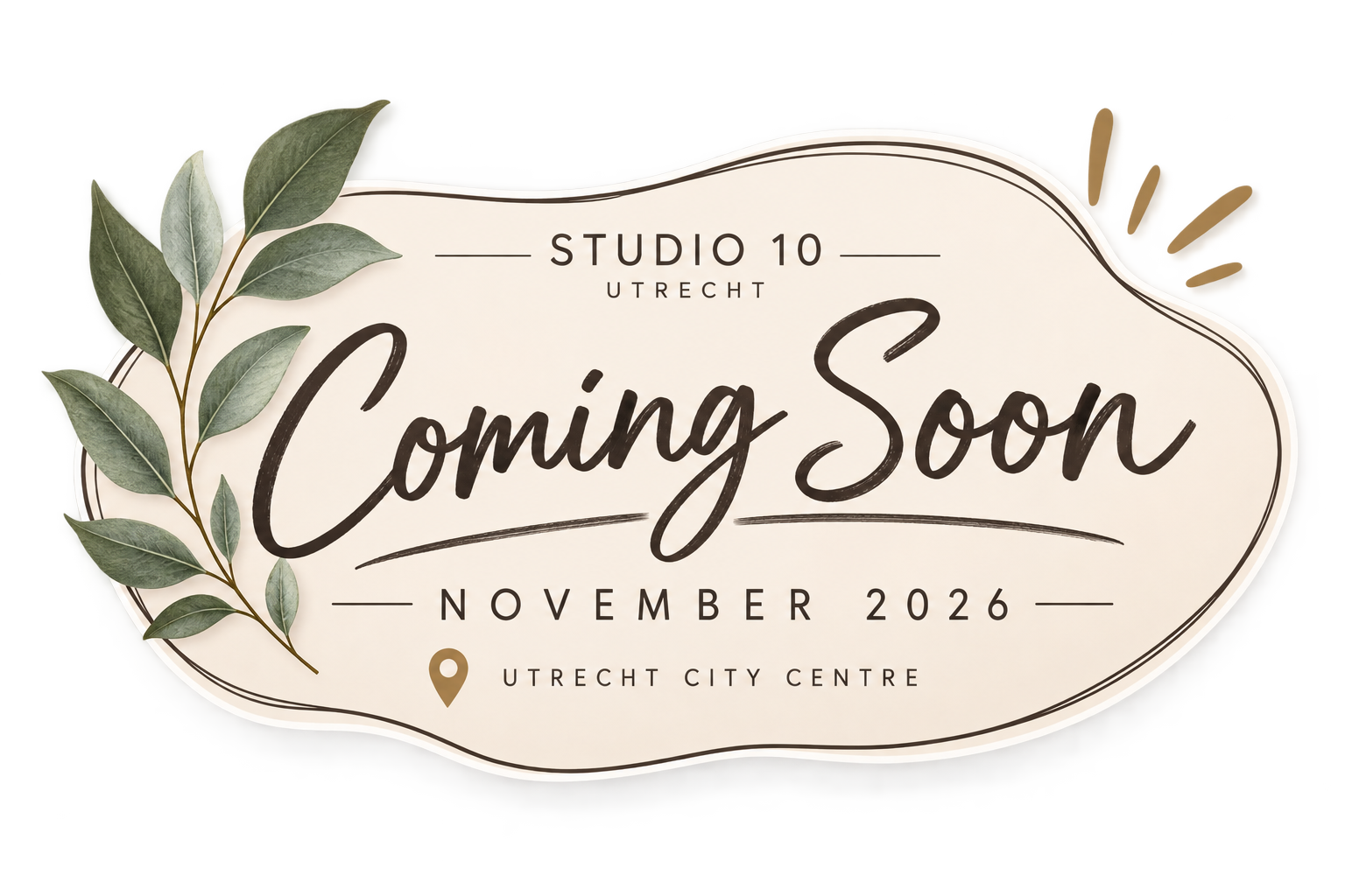 Announcement for a future event at Studio 10, Utrecht, showing a 'Coming Soon' message for November 2026 at Utrecht City Centre, with decorative green leaves and stylized black text.