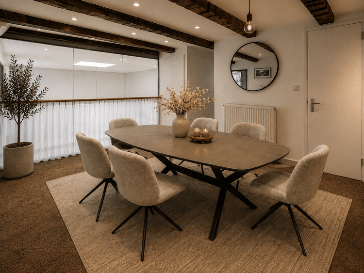 The Studio Loft: an oval meeting table with six chairs on the mezzanine, with a round mirror and an olive tree