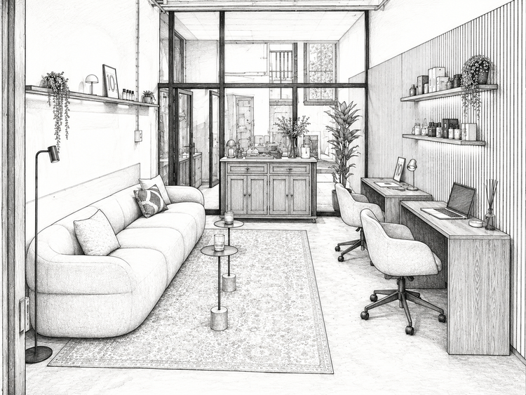 Drawing of the lounge: a sofa, side tables and two desks by the window