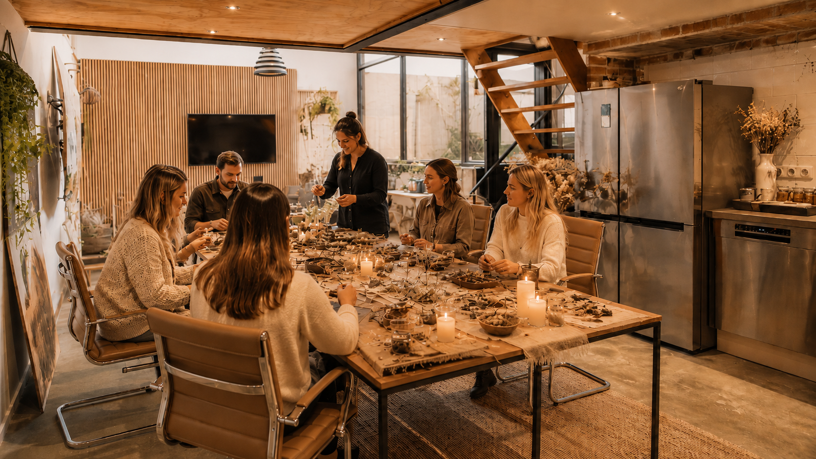 Group of people enjoying a creative workshop around a wooden table with autumn decorations at Studio 10 Utrecht city centre.