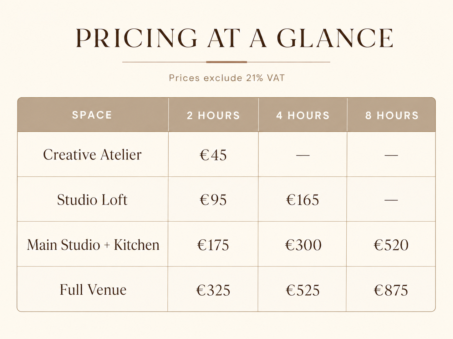 A price guide showing how much each room costs to rent, creative atelier, studio loft, studio main and full venue