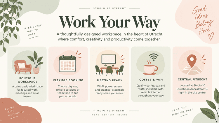 Work your way at Studio 10: a boutique workspace, flexible booking, meeting-ready rooms, coffee and Wi-Fi, in central Utrecht