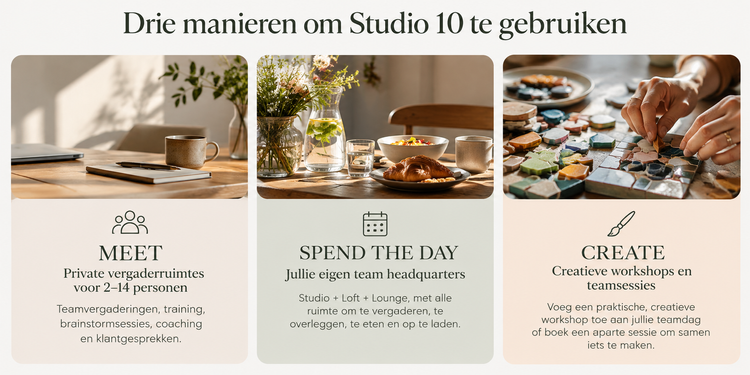 Drie manieren om Studio 10 te gebruiken: vergaderen in privé vergaderruimtes voor 2 tot 14 personen, de hele dag jullie eigen hoofdkwartier in Studio, Loft en Lounge, en samen iets maken in een creatieve workshop