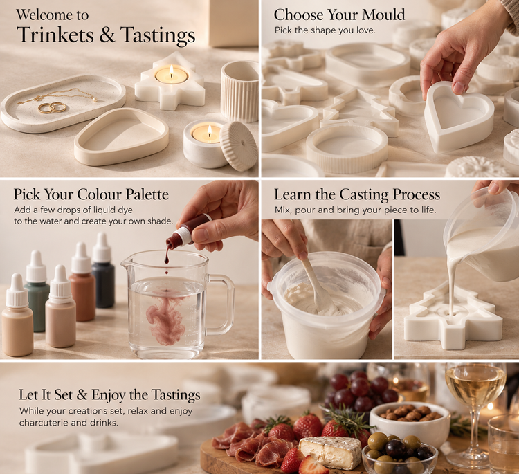 Trinkets & Tastings in vier stappen: kies je mal, kies je kleur, leer gieten, en geniet van een borrelplank en een drankje terwijl je werkstuk uithardt