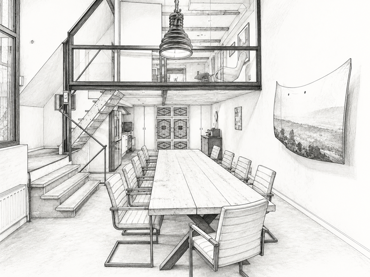 Studio Main Room for rent, seats 12-14 people and comes with an integrated kitchen inside the room, perfect for larger team meetings, workspace rentals or creative workshops