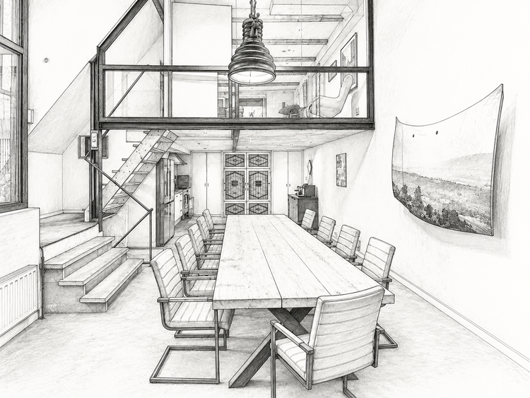 Drawing of Studio Main: a long table under the mezzanine, with the stairs and the kitchen