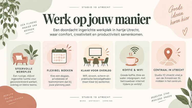 Werk op jouw manier bij Studio 10: een sfeervolle werkplek, flexibel boeken, klaar voor overleg, koffie en wifi, centraal in Utrecht