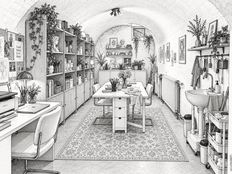 Drawing of the Studio Atelier: a worktable, shelves full of supplies and a sink under a vaulted ceiling