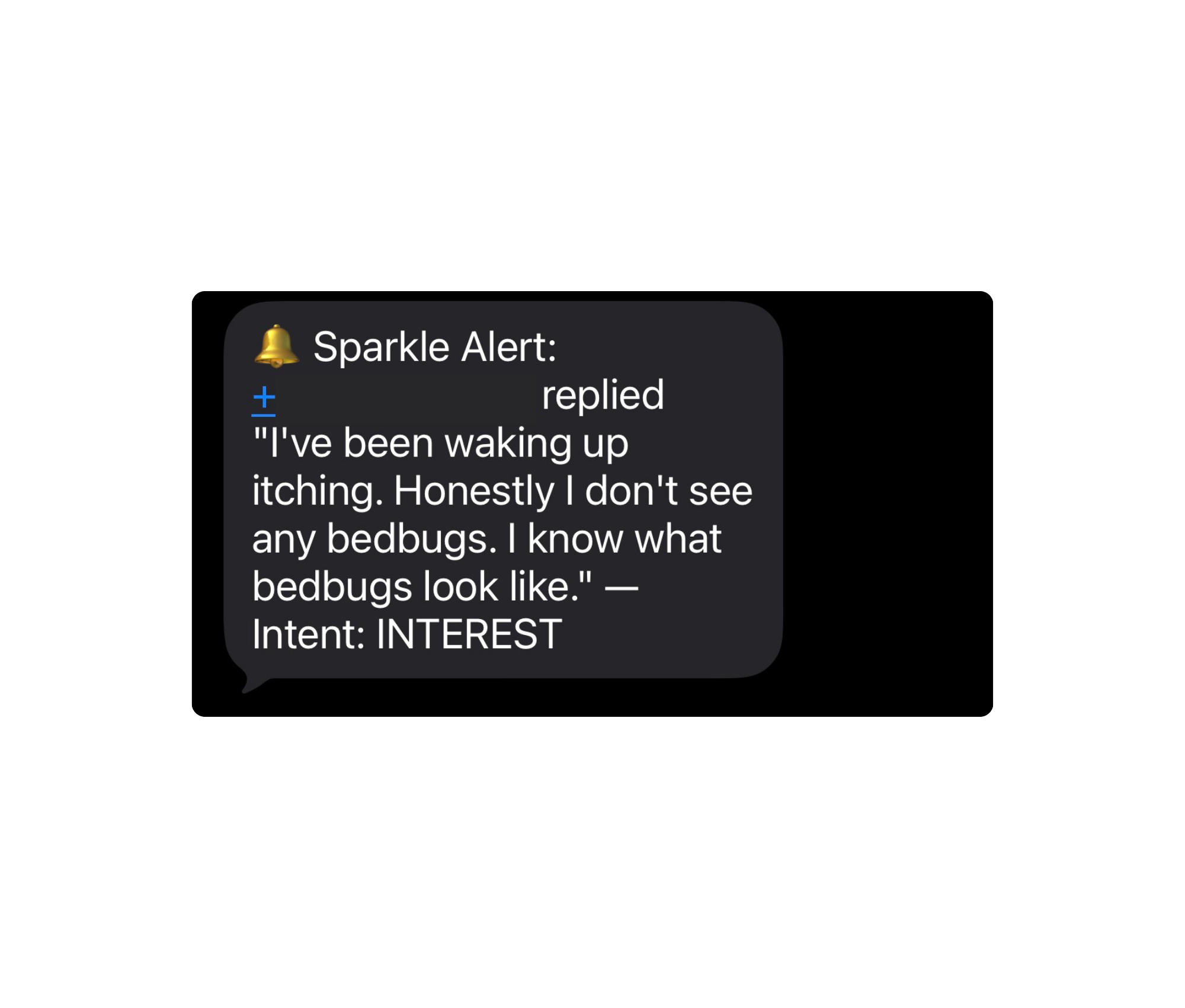 Notification screen on a mobile device showing a Sparkle Alert with a text message about waking up and not seeing bedbugs, with a black background.