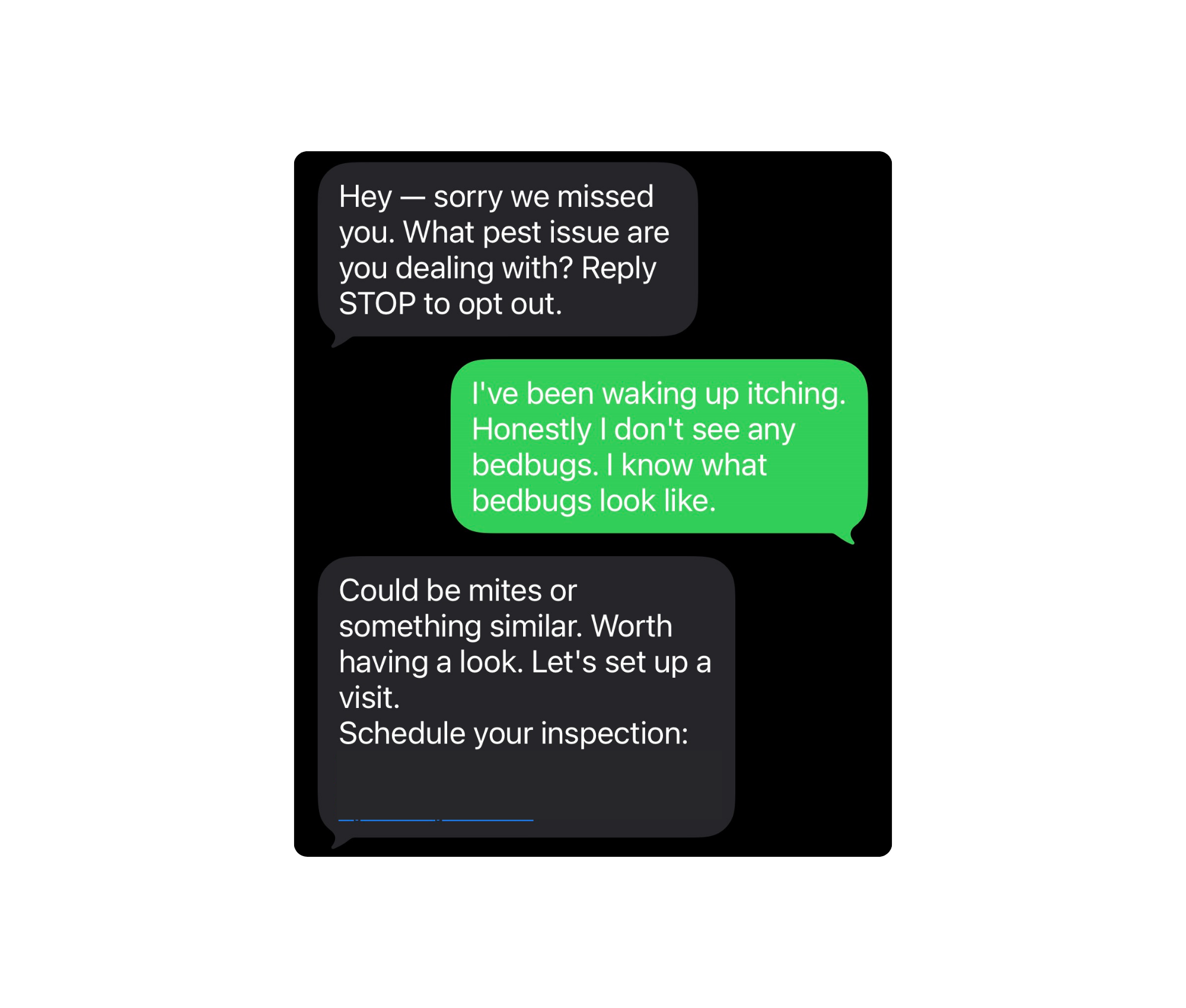 A screenshot of a text message conversation discussing pest issues and inspection scheduling.